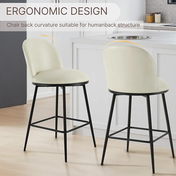Swivel Bar Stools Set of 4, 26" H Upholstered Faux Leather Barstools with Backs,Counter Height Stools with Metal Legs for Kitchen Island,Cream,2 Box
