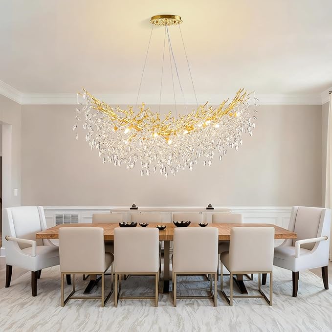 55" Gold Crystal Raindrop Chandelier 16 Light K9 Crystal Pendant Light Fixture Contemporary Tree Branch Chandelier for Dining Room, Living Room Kitchen Island