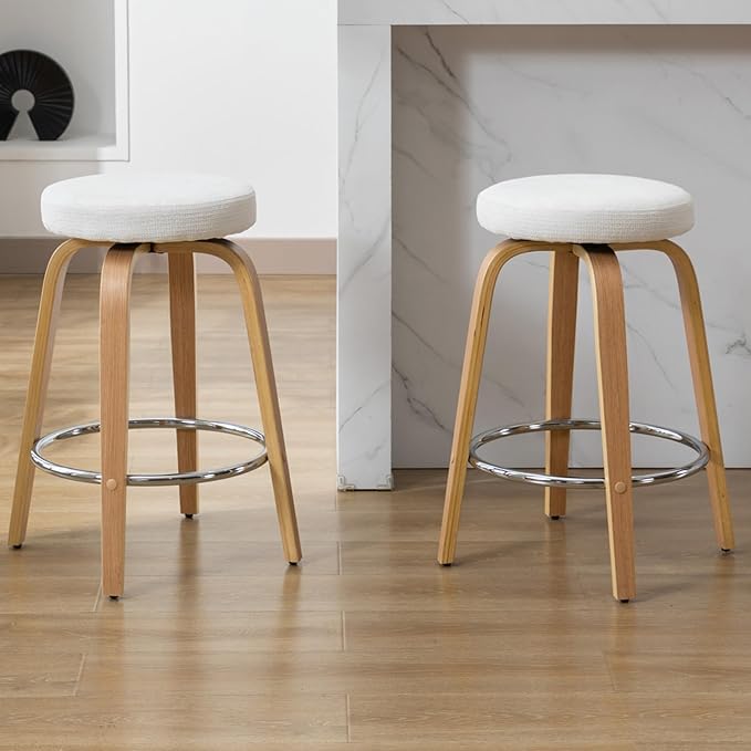 Swivel Bar Stools Set of 2 for Island Kitchen, Modern 26" Backless Counter Height Bar Stools, 360 Swivel Saddle Seat, White