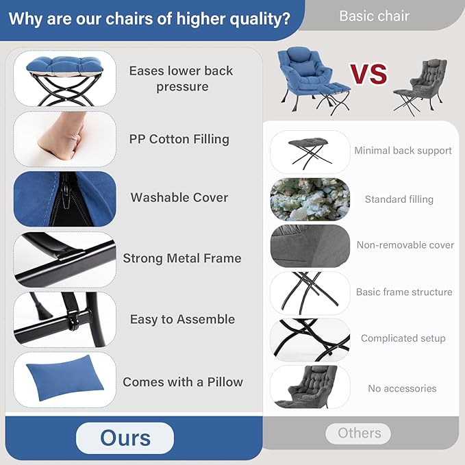 Lazy Chair with Ottoman, Modern Lounge Chair with Lumbar Pillow, Accent Cozy Reading Armchair and Folding Footstool for Bedroom, Dorm, Living Room,Peacock Blue