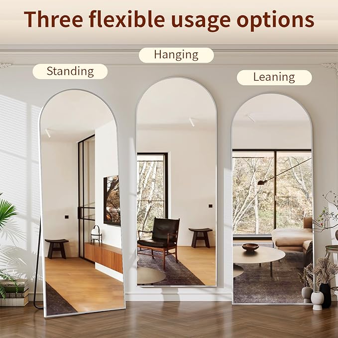 65"x24" Arched Mirror Full Length, Standing Floor Mirror, Wall Mounted Mirror with Aluminum Frame - for Standing, Leaning or Hanging, for Living Room Dressing Room, Silver