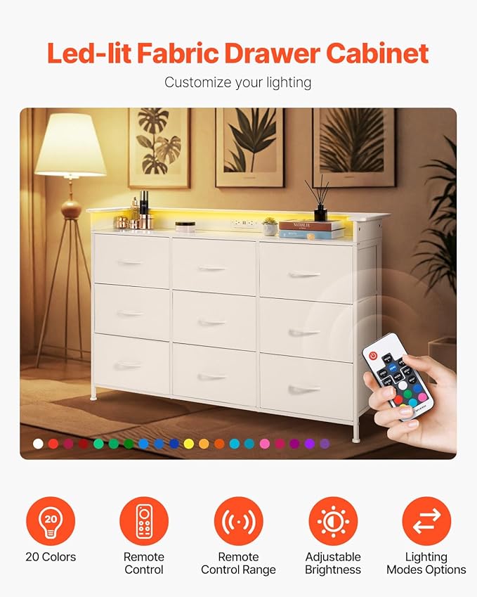 VEVOR 9 Drawer Dresser, Tall Drawer Dresser with Fabric Bin, Closet Storage Drawers with Sturdy Metal Frame, LED Lights & Built-in Outlet, Fabric Storage Tower for Bedroom, Hallway, Closet, White