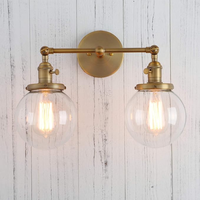 PERMO Double Sconce Vintage Antique 2 Lights Vantiy Light Brass Gold Dual Wall Sconces with 5.9" Round Clear Glass Globe Shade for Living Room Dining Room Kitchen Bedroom