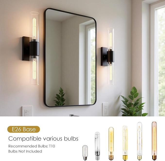 21" Matte Black Bathroom Light Fixtures Over Mirror,2-Light Bathroom Vanity Lights Above Mirror,Modern Hardwired Wall Sconce Lighting for Powder Room Restroom Hallway Kitchen E26 T10 Bulbs(Excluded)