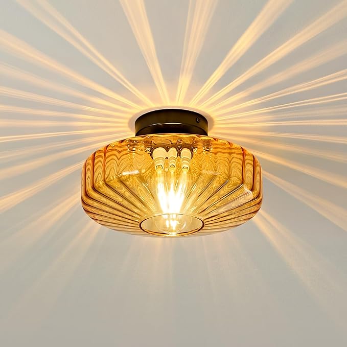 Glass Semi Flush Ceiling Lights - 12 in Vintage Mid Century Modern Lighting Fixture - Drum Unique Art Deco Amber Mount Light Fixtures for Hallway Entry Way Hall Kitchen Dining Laundry Room Foyer Porch