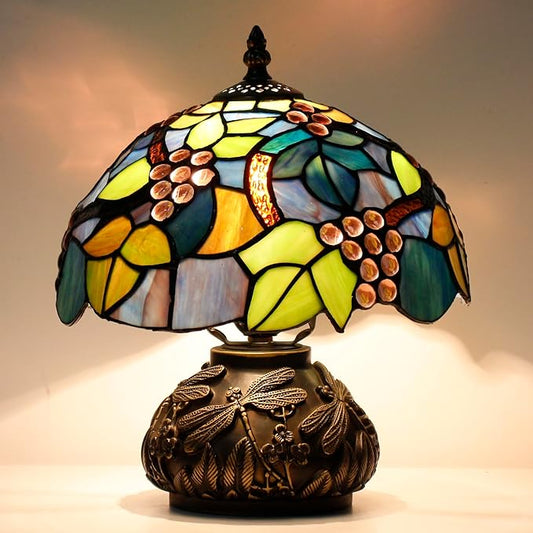 Small Tiffany Table Lamp Amber Grapes Style Glass Desk Lamp 10X11.5 Inch Mushroom Table Light for Office Home Living Room Bedroom