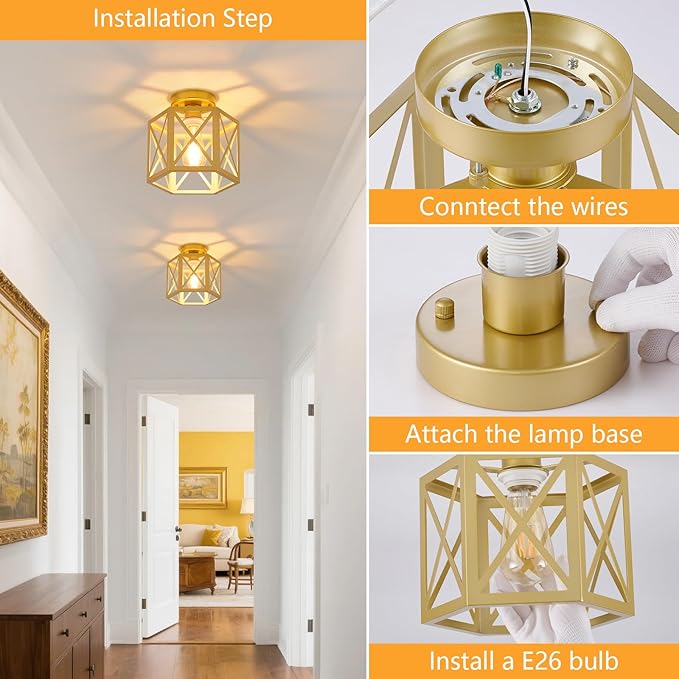 2 Pack Gold Semi Flush Mount Ceiling Light, Farmhouse Hallway Light Fixture Ceiling Mount, Metal Chandelier with Hexagonal Cage, Vintage Lantern Lamp for Kitchen Porch Sink