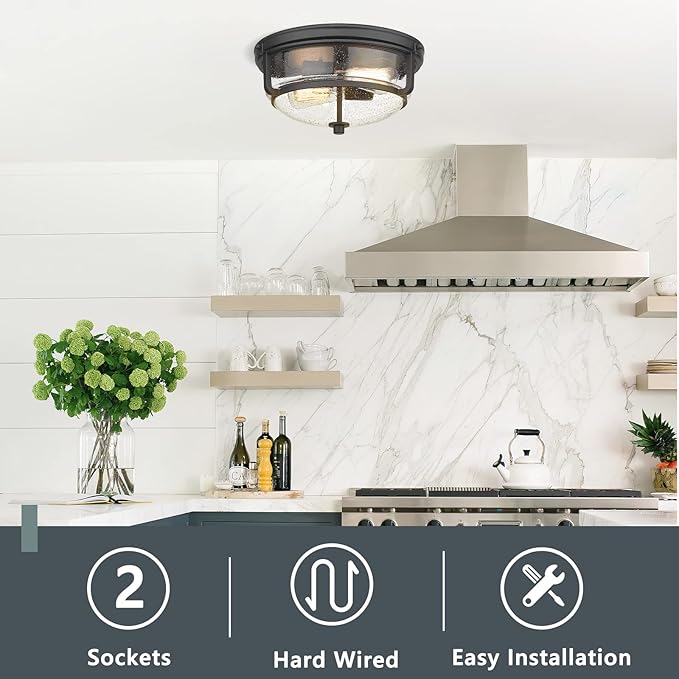 Emliviar 12 Inch Ceiling Light with Seeded Glass Shade - Indoor Outdoor Modern Flush Mount Ceiling Light Fixture, Black Finish, WE249F BK