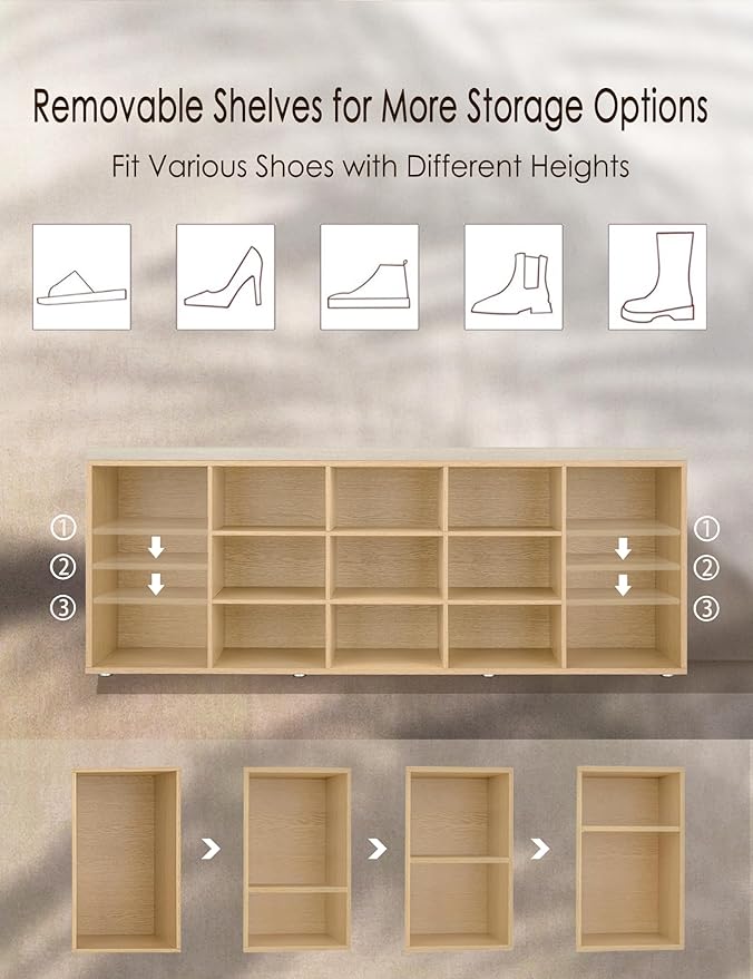 DINZI LVJ Shoe Storage Bench with Cushion, 15-Cubby Shoe Rack, Adjustable Shelves, Long Shoe Organizer Bench for Entryway, Mudroom, Hallway, Living Room, Bedroom and Garage, Natural