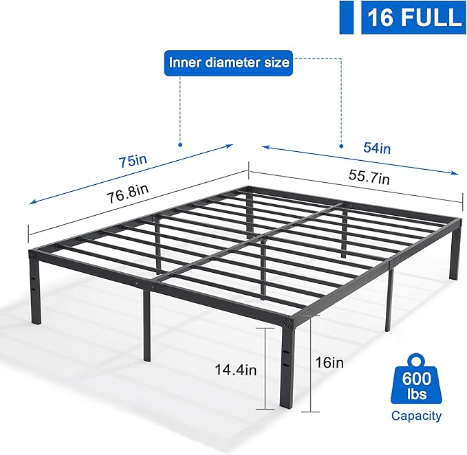 VECELO 16 Inch Full Size Tall Bed Frame Metal Platform,Heavy Duty Steel Slat/Easy Assembly Mattress Foundation/No Box Spring Needed