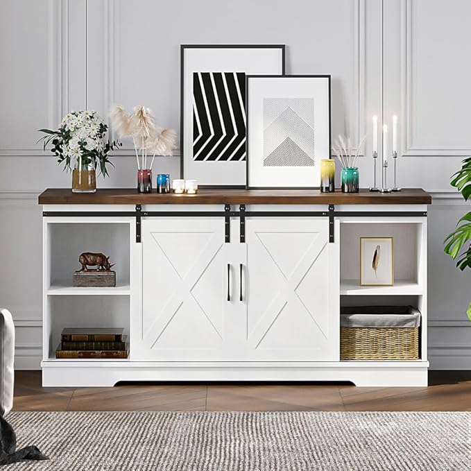 IDEALHOUSE Farmhouse TV Stand, Entertainment Center for 65 Inch TV Media Console Table, White Barn Door TV Stand with Storage and Shelves, Modern TV Console Cabinet Furniture for Living Room