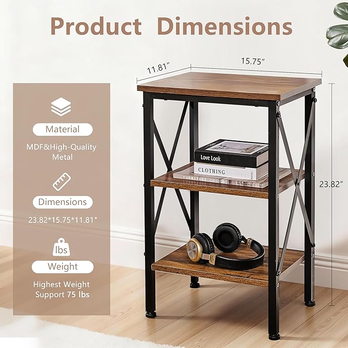 VECELO End Table, 24" Tall Wood Living Room X-Design Reinforced Side Tables, Nightstands with 3-Tier Wood Storage Shelves for Small Spaces, Office, Bathroom, Bedroom, Retro Brown, 2 Pack