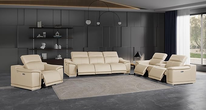 Blackjack Furniture Venice Top Grain Italian Leather Recliner 7 Seater 6 Power Reclining 3 Piece Sofa Set with Adjustable Headrests Modern Seating Sofa, Loveseat and Chair for Living Room , Beige