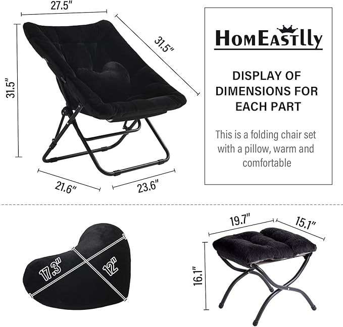 Comfy Saucer Chair with Ottoman, Oversized Folding Faux Fur Chair Soft Furry Lazy Chair with Metal Frame Moon Chair Accent Chair for Bedroom, Living Room, Dorm Rooms, Black