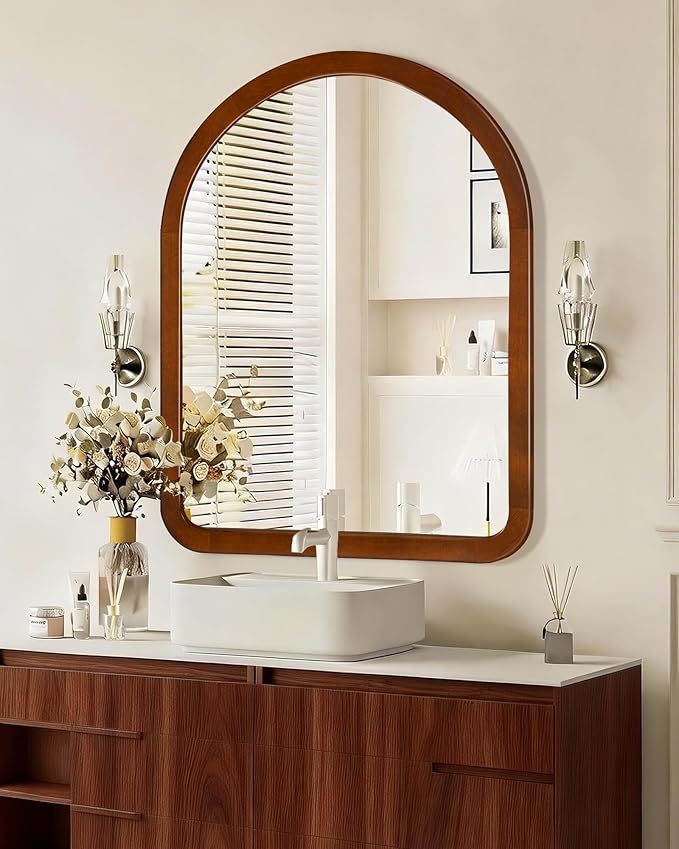 Arched Mirror 30 x 40 Inch,Walnut Brown Wood Rustic Bathroom Tempered Wall Mirror with Wood Frame,Round Corner Arch Farmhouse Wooden Vanity Mirror for Living Room,Entryway or Bedroom