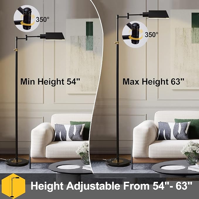 GyroVu Dimmable LED Pharmacy Floor Lamp for Living Room, Full Range Dimming Bedroom Floor Lamp, Adjustable Height Standing Lamp with 350° Swing Arm