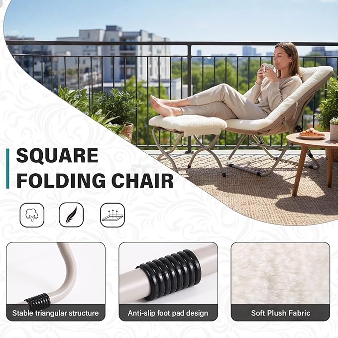 Tiita Folded Chair with Ottoman, Soft Faux Fur Oversized Folding Accent Chair,Lazy Chair, Metal Frame Moon Chair for Bedroom, Living Room, Dorm Rooms, Garden and Courtyard