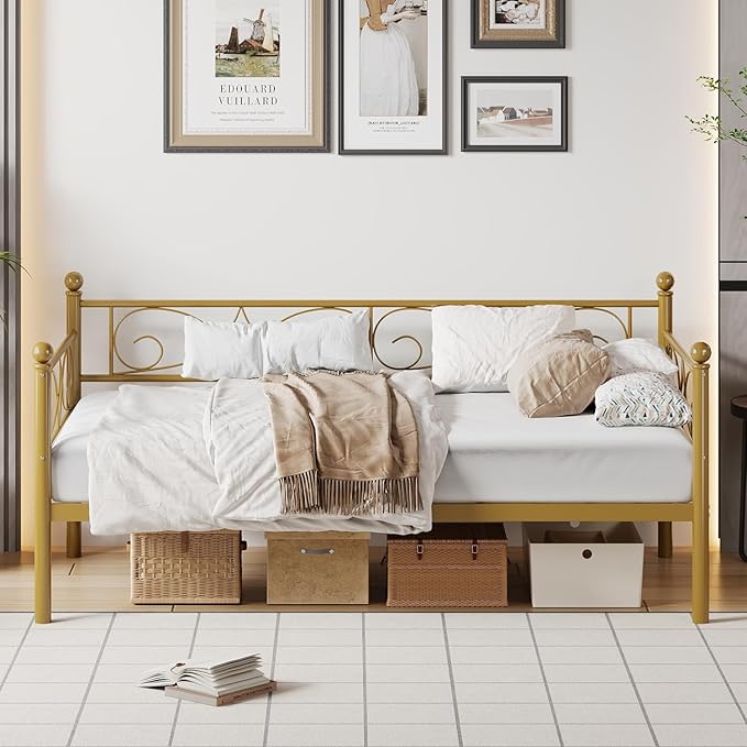 IDEALHOUSE Twin Size Daybed Frame, Metal Sofa Bed Frame, Heavy Duty Metal Slats, Day Bed for Living Room, Bedroom, Guest Room, Space Saving, Gold
