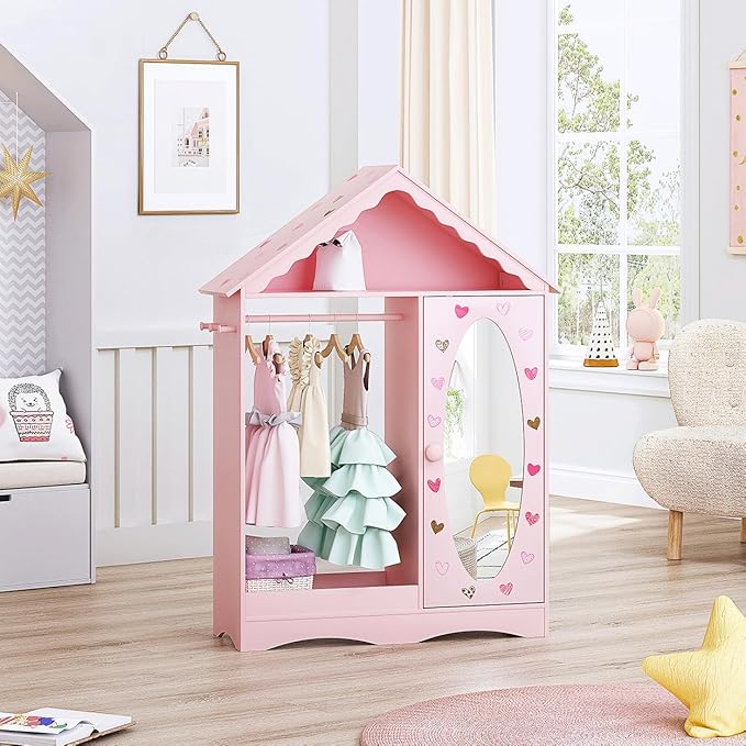 UTEX Kids Dress Up Storage with Mirror, Kids Wardrobe Closet, Dress Up Armoire for Little Girls, Open Hanging Costume Organizer with Storage Cabinet for Kids Room, Playroom | with Mirror, for Little Girls, Open Hanging, Costume Organizer, with Storage ...