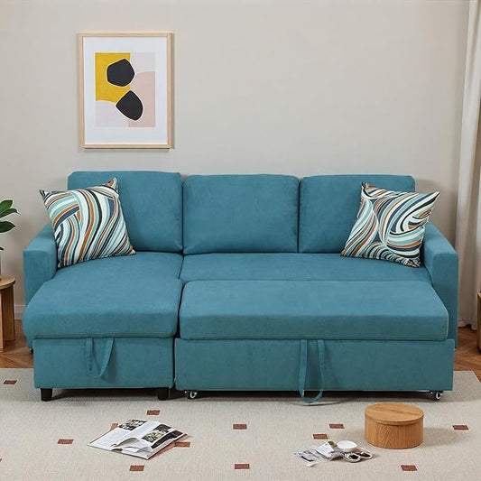 83 Inch Pull Out Couch, Convertible Sofa Bed for Living Room, Comfortable Sleeper Sofa with Pull Out Bed, Modern Sectional Couches with Storage Chaise, Easy Assembly for Apartment, Blue