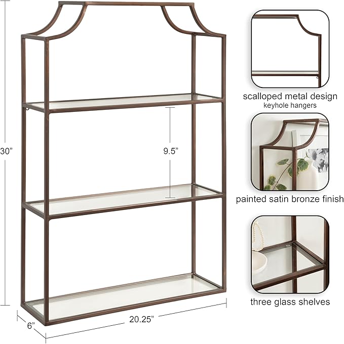 Kate and Laurel Ciel Three-Tiered Wall Shelf; 21 x 30; Bronze; Decorative Floating Shelf Storage and Wall Organizer for Over Toilet Storage Bathroom Display
