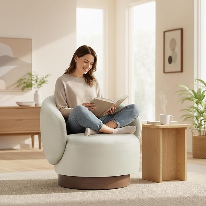 Swivel Accent Chair Modern Round Barrel Armchair with Upholstered Faux Leather for Living Room Bedroom Waitingroom,2 Box,Cream
