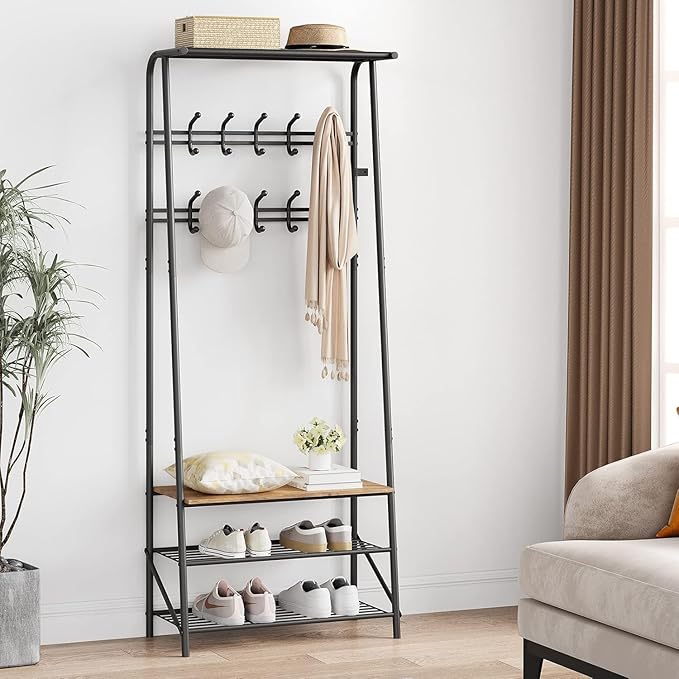 IDEALHOUSE Coat Rack Shoe Bench with 8 Hooks, Hall Trees Entryway Bench with Storage, Multifunctional Hallway Organizer, Wood Look Accent Furniture with Metal Frame for Entryway, Living Room, Bedroom