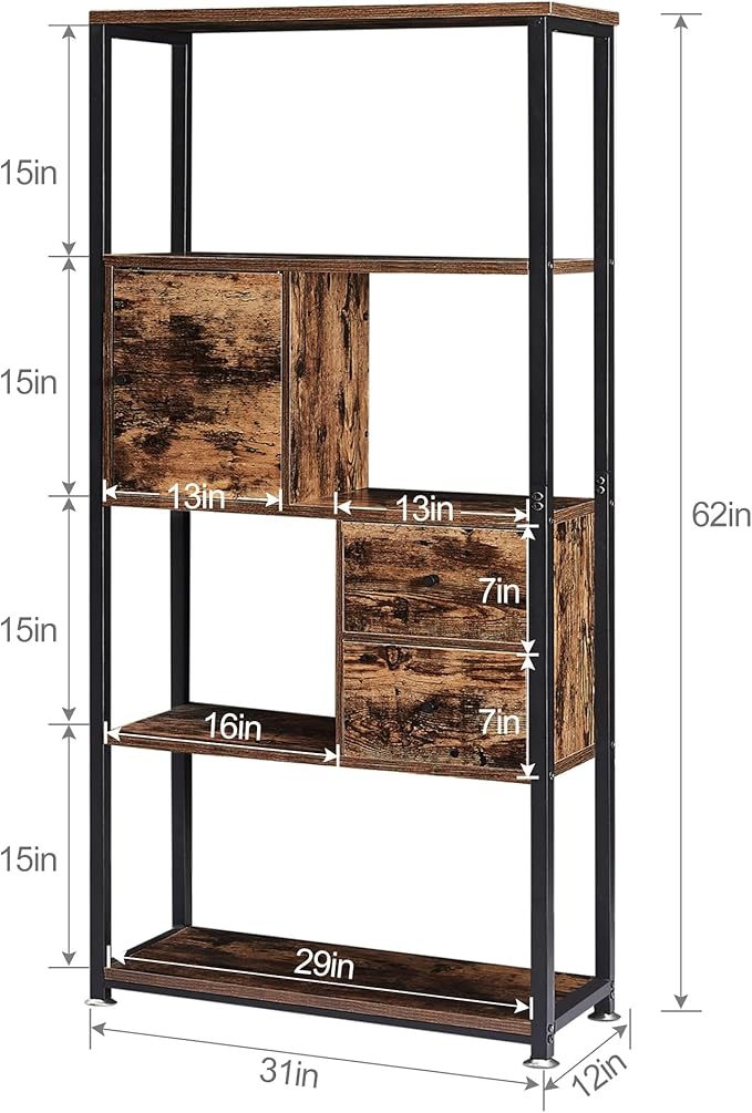 VECELO 5-Tier Bookshelf,Bookcase with 2 Storage Drawers and 1 Cabinet, Wood Board with Metal Frame Open Book Shelves Standing Shelf Unit for Living Room, Home Office,Bedroom