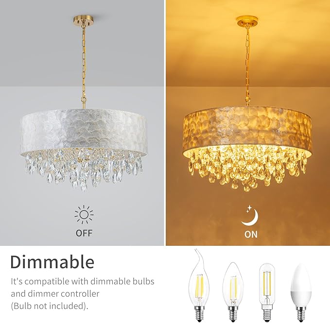8-Light Drum Capiz Shell Crystal Chandeliers, Coastal Style Pendant Light Fixture for Dining Room, Living Room, D24 x H23~71 inch(Adjustable), Shell Lampshade & Gold Finish