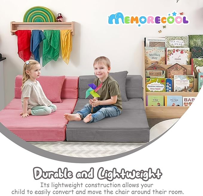 MeMoreCool Folding Sofa for Kids, Corduroy Fold Out Futon Chair, Small Foldable Floor Mattress, Portable Children Couch Sofa, Light Grey