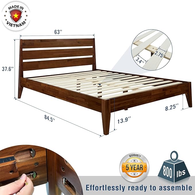 Acacia Emery Bed Frame with Headboard Solid Wood Platform Bed, King Size Bed Frame, Mid - Century Modern Wood Bed Compatible with All Mattresses, Easy Assembly, Non-Slip (Chocolate, Queen)