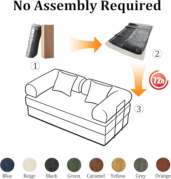 59'' Convertible Compressed Corduroy Folding Cloud Sofa Bed, Modern Boneless Pull Out Loveseat Sleeper in a Box, 4 in 1 Floor Mattress Futon Cloud Couch, No Assembly Needed, Black, 2 Pillows, Queen