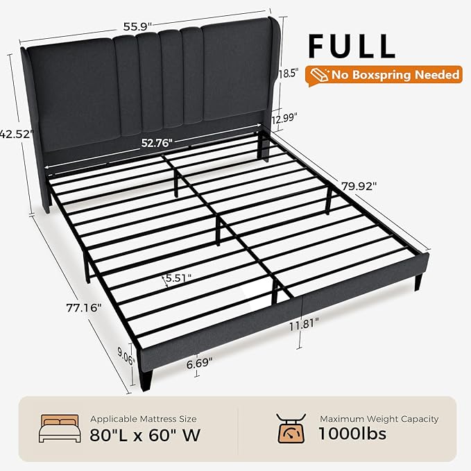 GTPLAYER Full Size Bed Frame, Upholstered Platform Bed Frame with Tall Headboard Wingback, Soft Velvet Fabric, No Box Spring Needed, Easy Assembly, Dust Grey