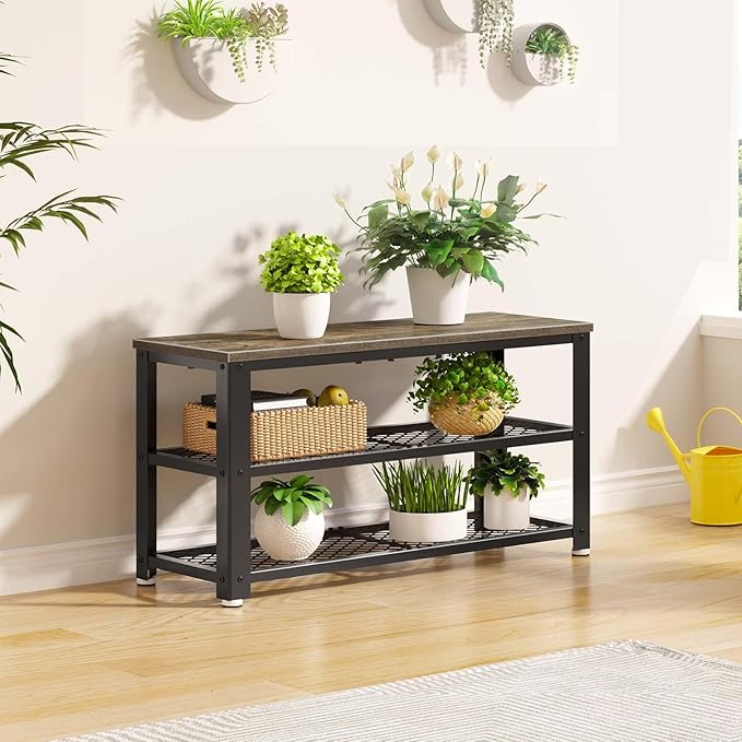 Rolanstar Shoe Bench, 3-Tier Shoe Rack, 28.7” Storage Entry Bench with Mesh Shelves Wood Seat, Rustic Foyer Bench for Hallway Front Door, Doorway, Living Room, Mudroom, Steel Frame, Gray