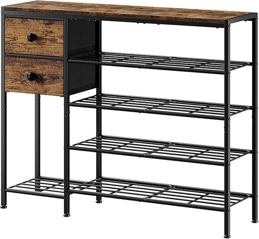 5-Tier Shoe Rack with 2 Fabric Drawers, Metal Frame and Wooden Board Shoe Organizer for 16-20 Pairs of Shoes, Shoe Shelf with Boots Storage for Entryway Closet Rustic Brown