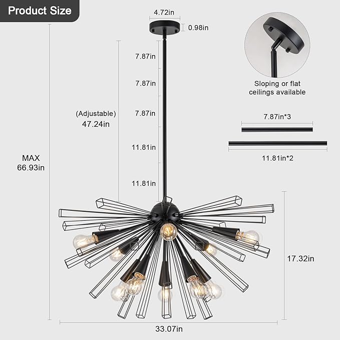 10-Light Black Sputnik Chandelier, 33" Modern Starburst Dining Room Light Fixture, Adjustable Height Rustic Solid Metal Large Sputnik Chandeliers for Living Room Bedroom Kitchen Foyer