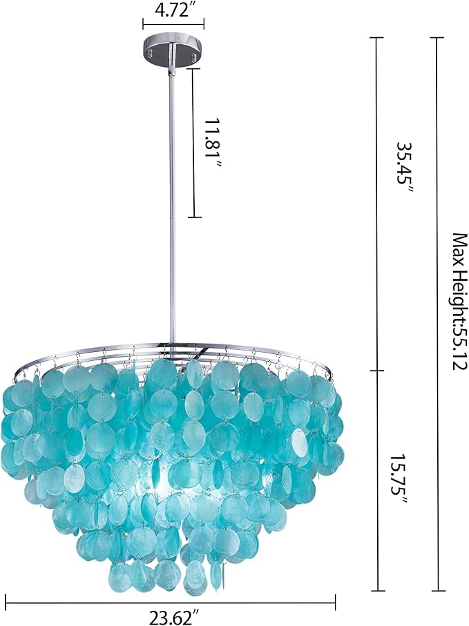 Wellmet Natural Capiz Shell Chandelier, 6 Lights Coastal Modern Blue Capiz Chandelier Pendant Lighting, Hanging Round Layered Chandelier for Living Room, Bedroom, Kitchen, Foyer, 23.62” D