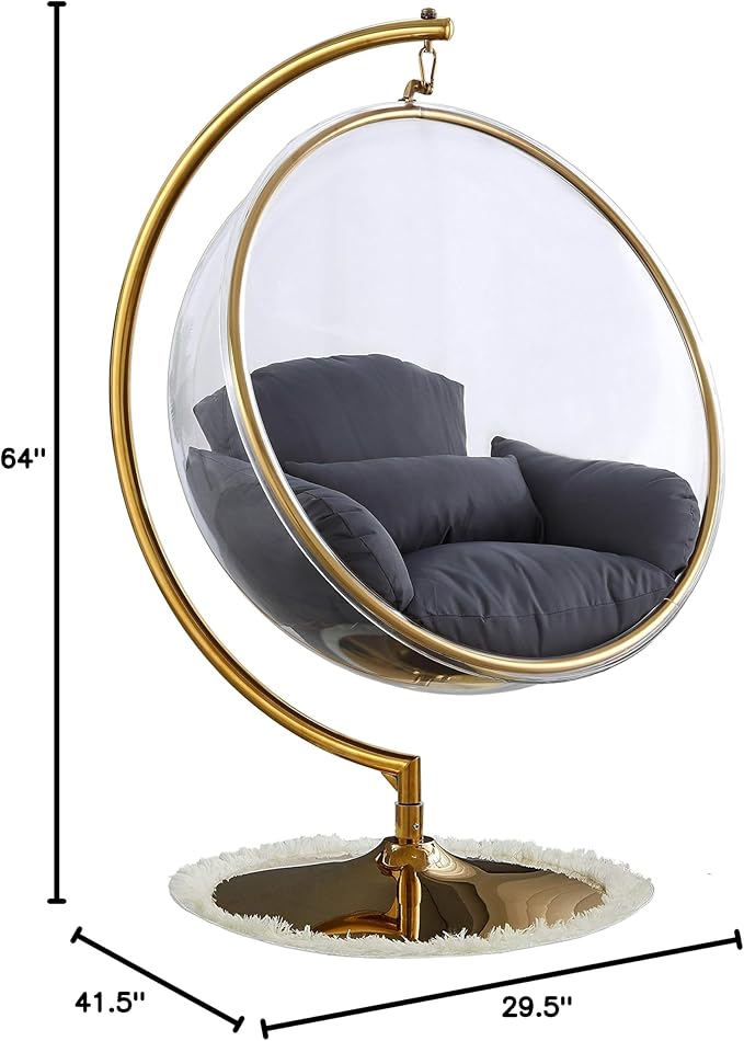 Meridian Furniture Luna Collection Modern | Contemporary Clear Acrylic Accent Swing Chair with Gold Metal Base and Durable Fabric Seat, 41.5" W x 29.5" D x 64" H, Grey