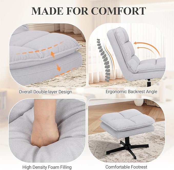 Swivel Accent Reading Chair with Ottoman, Modern Velvet Upholstered Lounge Chair with 360° Swivel and Criss-Cross Legs, Comfy Reading Chair for Bedroom, Living Room,Supports 300 lbs,LightGray 2pc