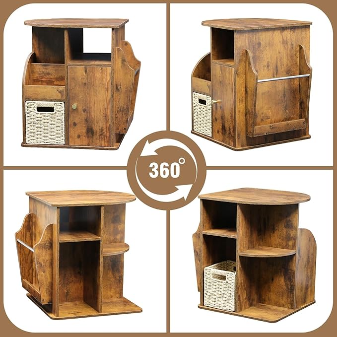 TooCust Rotating End Table with Storage, Rotating Side Table Living Room, Side Table with Magazine Holder, Basket and Cabinet, Sofa Side Farmhouse End Tables with Open Shelf (Rustic Brown)