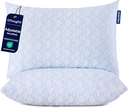 Memory Foam Pillows 2 Pack：Adjustable Loft Bed Pillows King Size Set of 2 for Sleeping, Removable, Supportive & Breathable Design for Hot, Side, Back, and Stomach Sleepers