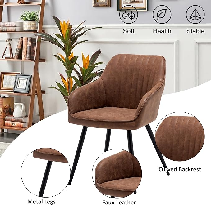 annjoe Faux Leather Accent Arm Chairs for Living Room Leisures/ Upholstered Chair with Metal Legs Set of 2 for Home Kitchen Office Bistro Cafe, Brown