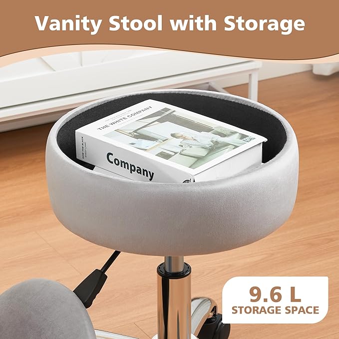 Adjustable Vanity Stool with Storage Rolling Vanity Chair with Wheels Swivel Vanity Stool Chair for Vanity Makeup Stool Grey