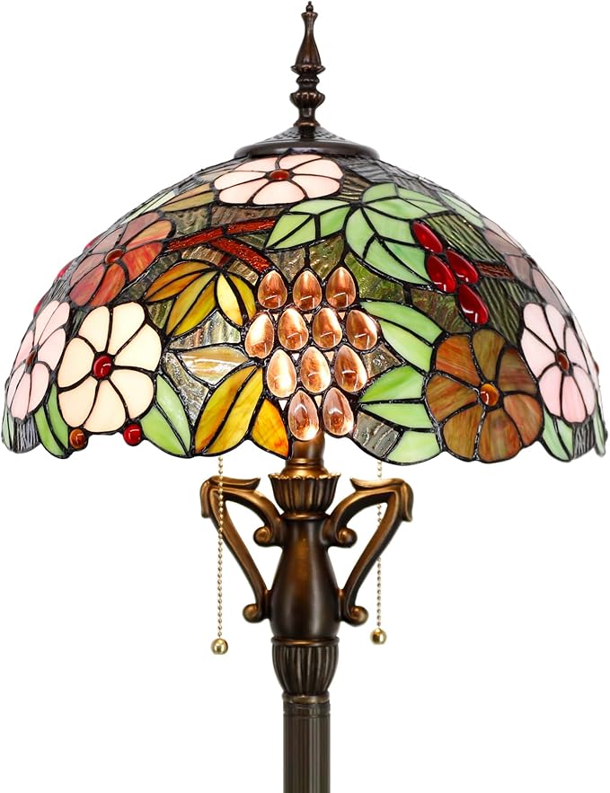 Tiffany Floor Lamp Green Purple Grape Stained Glass Standing Reading Light 16X16X66 Inches Antique Pole Corner Lamp Decor Bedroom Living Room