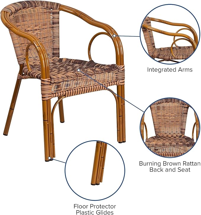 Flash Furniture Cadiz Series Dark Red Bamboo-Aluminum Indoor-Outdoor Restaurant-Patio Chair with Burning Brown Rattan