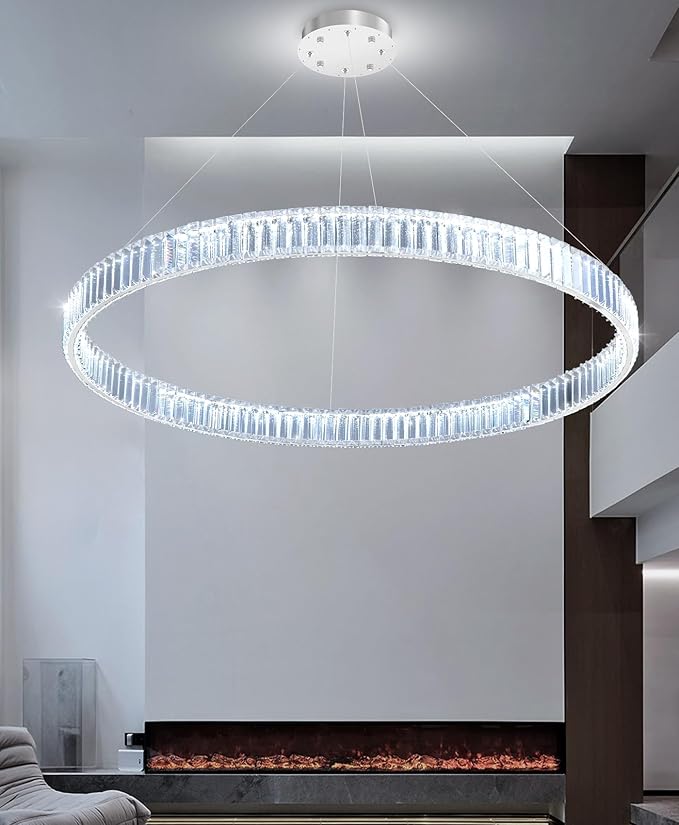40'' Modern Ring Chandelier Crystal Chandeliers for Dining Room Round LED Dimmable Ceiling Light Fixture for Living Room Bedroom Lighting Silver