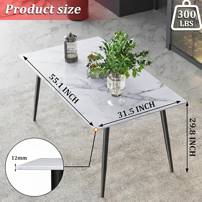 55" Modern Dining Table, Sintered Stone Dinning Table for 4-6 Peoples, Sintered Stone Dining Tabletop with Metal Legs, White Marble Dining Table for Dining Room, Backyard Heat Resistant（55.1"x31.5"