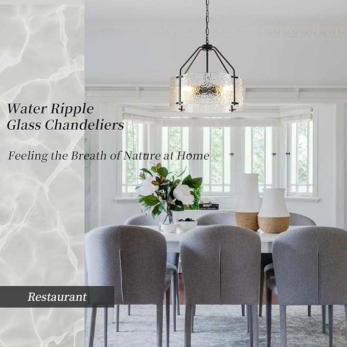 Glass Drum Chandelier for Dining Room 18'' Entryway Light Fixture 4-Light Kitchen Chandeliers Over Table Bedroom Light Fixture for Living Room Hallway Foyer Kitchen