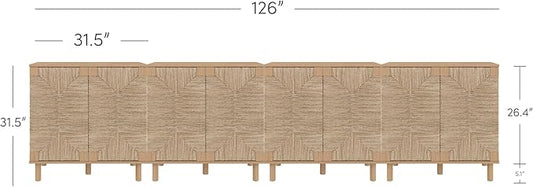 Nathan James Beacon Boho TV Stand, Free Standing Kitchen Cabinet Storage with Adjustable Interior Shelf and Seagrass Accent, Seagrass/Raw Oak, Set of 4