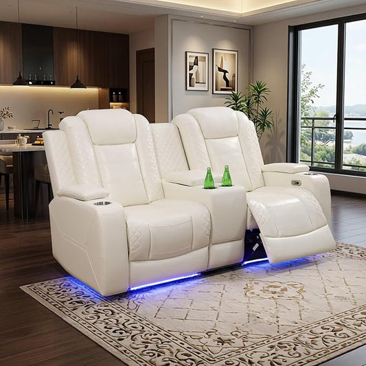 Power Leather Reclining Loveseat Sofa with LED Light,Double Recliner Sofa Love Seat with Storage Console/USB Port/Cup Holder,Leather Couch for Living Room Furniture(2 Seats,Cream Stripes)